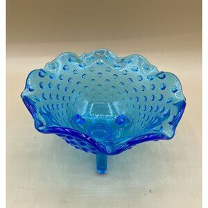LE Smith Turquoise Blue Three Footed Hobnail Ruffled Edged Bowl Vintage